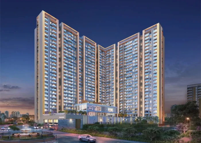 Purva Estrella exterior view, twin tower skyline in Andheri West at dusk