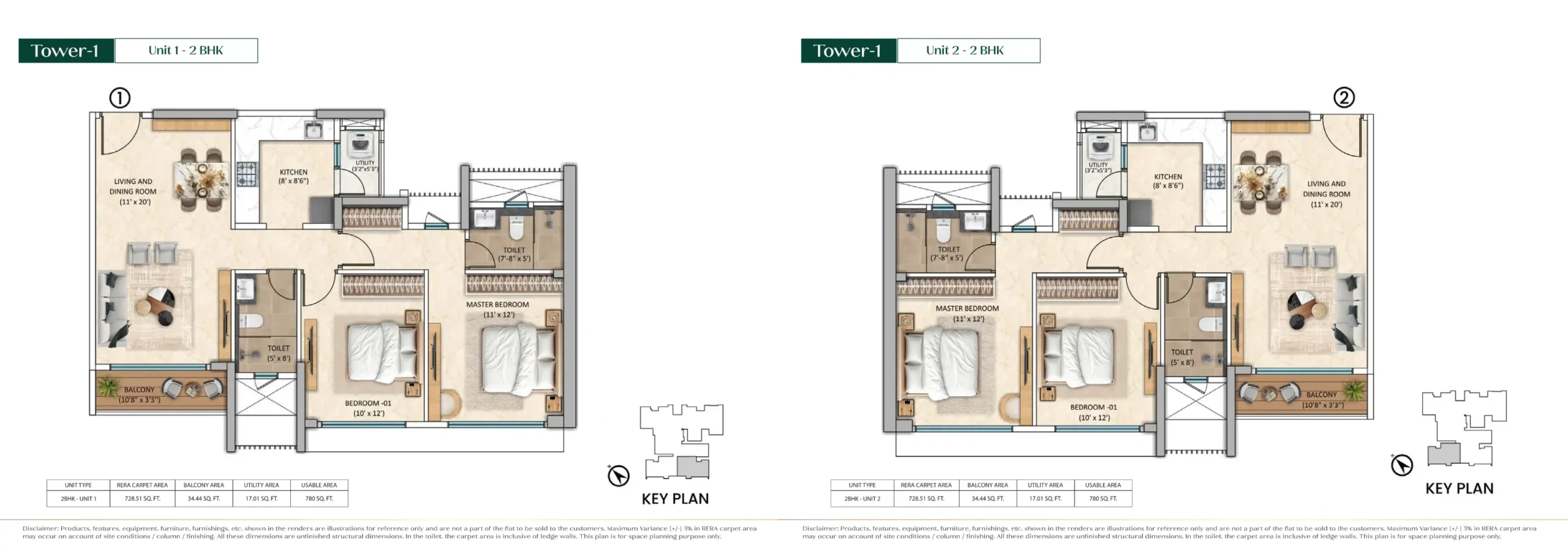 Purva Estrella unit plan, Tower 1 Unit 1 (2 BHK) & Unit 2 (2 BHK), Andheri West