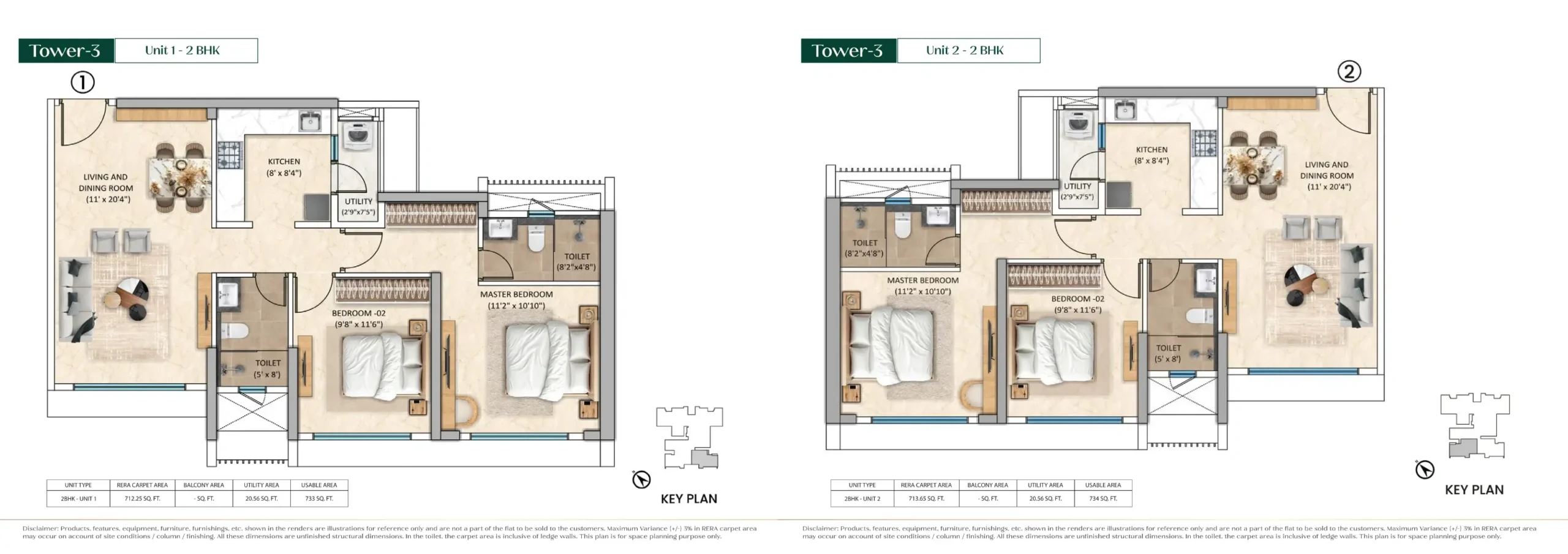 Purva Estrella unit plan, Tower 3 Unit 1 (2 BHK) & Unit 2 (2 BHK), Andheri West